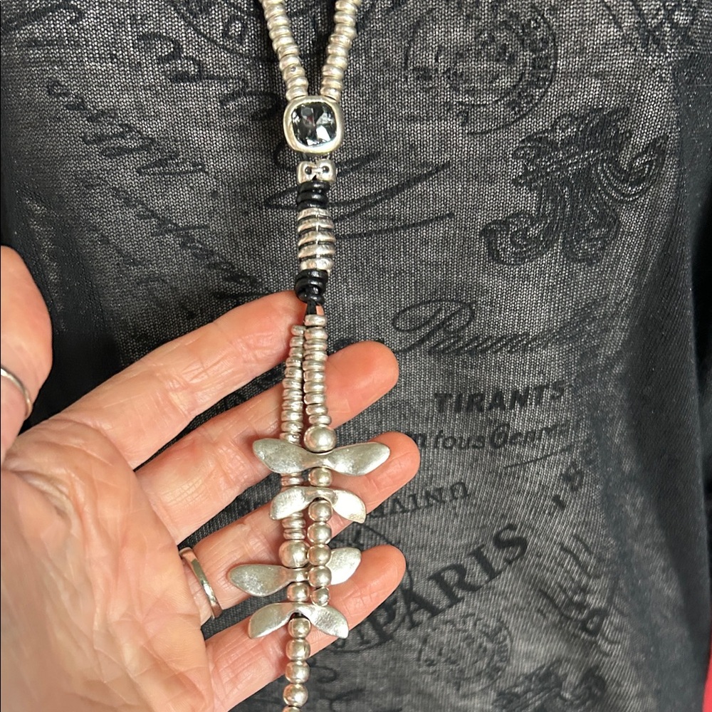 NWOT adjustable leather and silver plated necklace with Swarovski black crystal